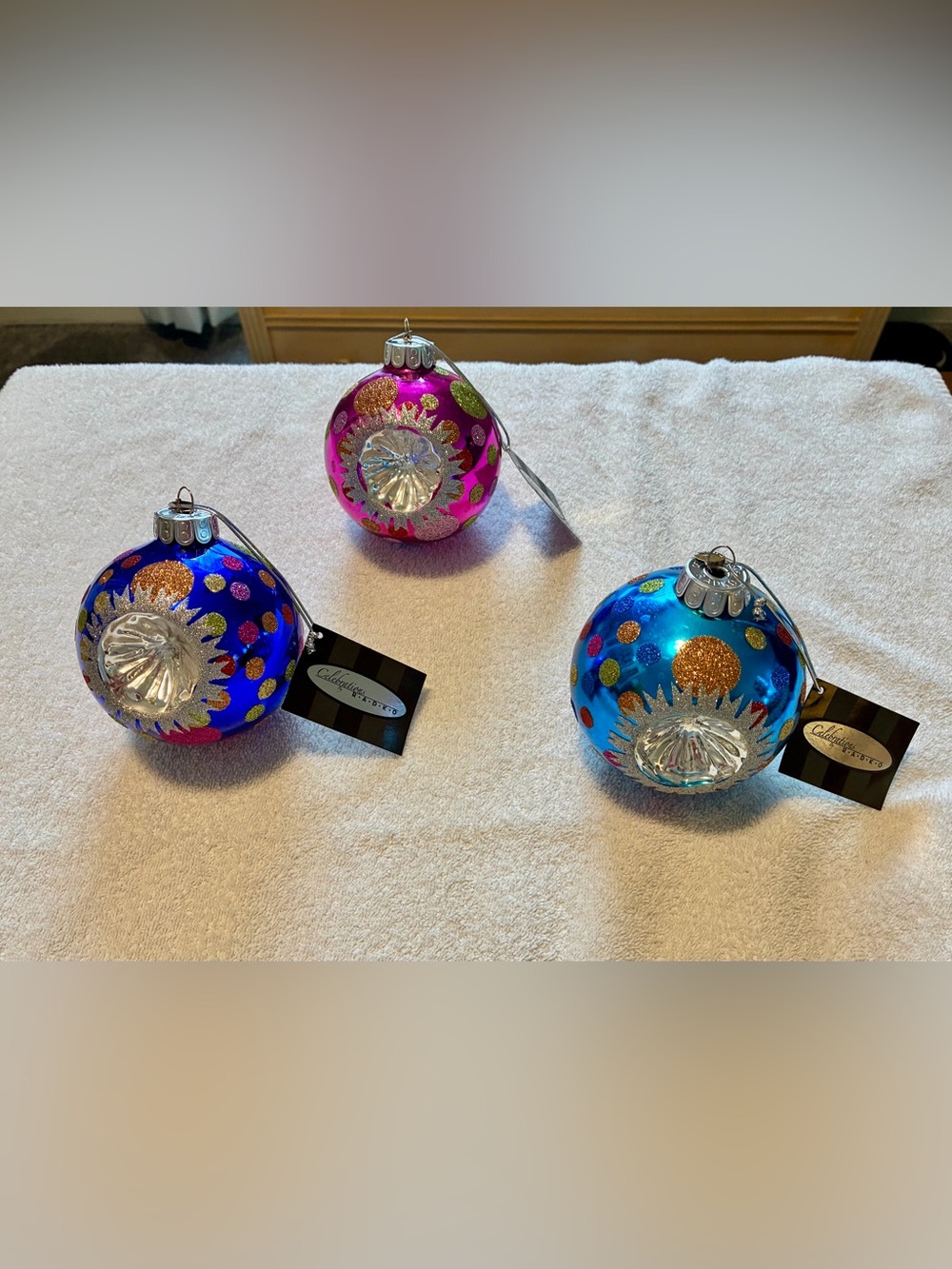 3 Vintage Christopher Radko Celebrations 4” Reflector Round Ornaments NWT